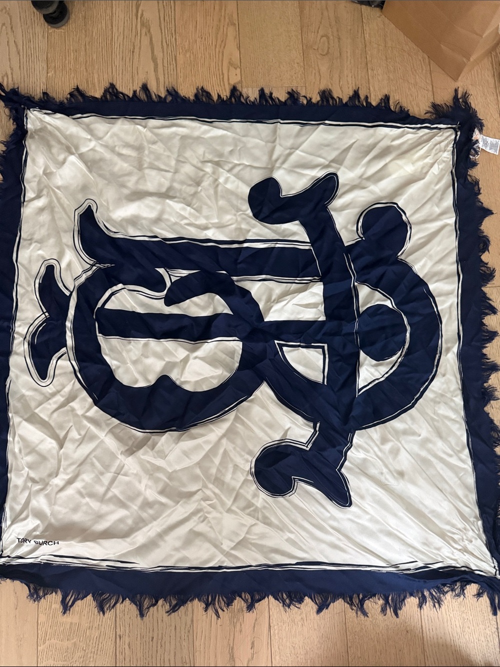 Tory Burch Navy and Cream Graphic Silk Scarf